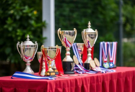 collection of trophy cups and medals on the table, success and sport competition conceptの素材