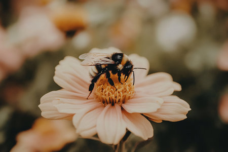 close up of bee on white flower in summer gardenの素材