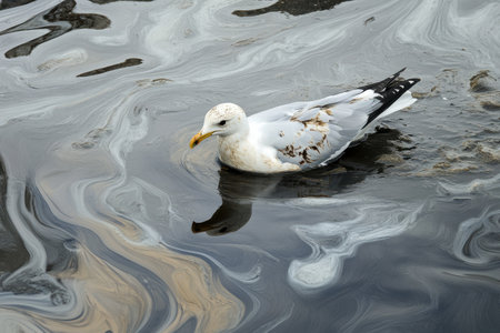 Bird in oil seagull water pollution problemsの素材