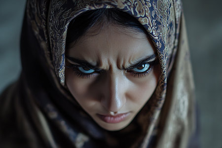 portrait of angry muslim woman in hijab, religion and human rights conceptの素材