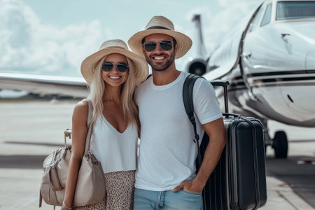 young couple of tourists with suitcases and modern airplane on the backgroundの素材