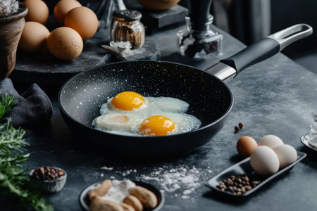 frying pan with eggs on the table background with copy spaceの素材