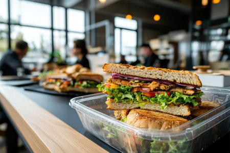 sandwich in plastic launch box on the table in officeの素材