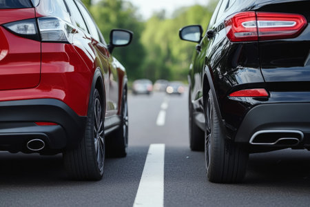 back view of two cars on the city road at summer sunny dayの素材
