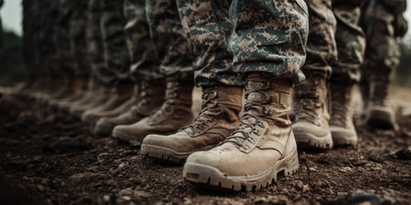 close up of soldiers in military boots standing in a rowの素材
