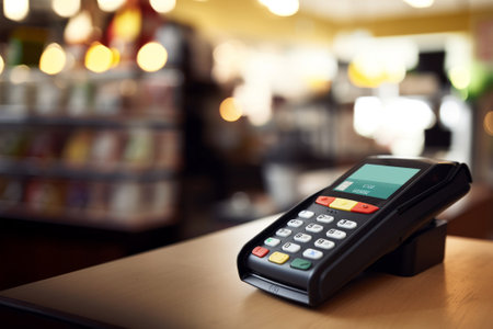 close up of electronic terminal for contactless payment with copy spaceの素材