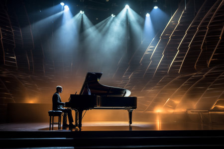 man playing piano in modern theatreの素材