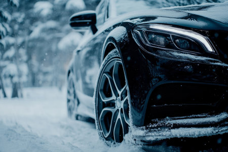 part of car in snowy forest with copy spaceの素材