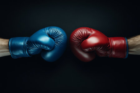 two couples of blue and red boxing gloves on the black backgroundの素材