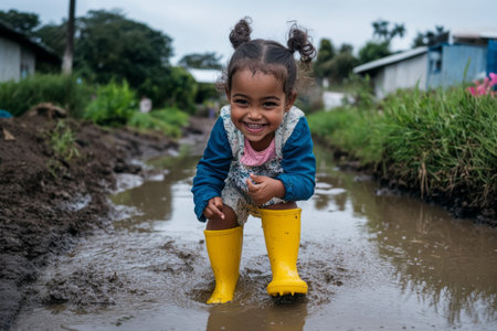 happy girl in yellow rubber boots having fun in a puddleの素材