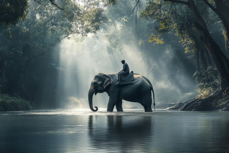 man riding on elephant in the tropical jungle in riverの素材