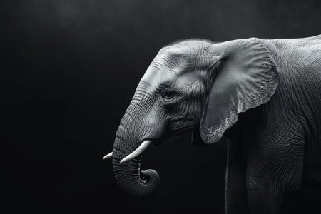 side view photo of elephant on the black studio backgroundの素材
