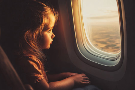 little kid sitting near by airplane windowの素材