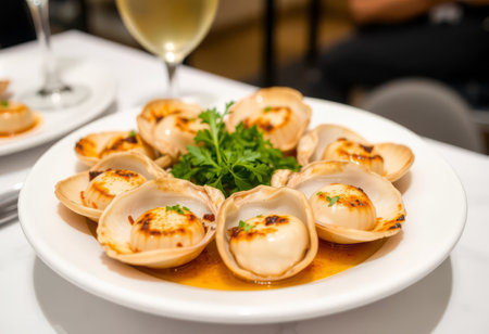 scallops served in shells with sauce and fresh herbs on a ceramic plateの素材
