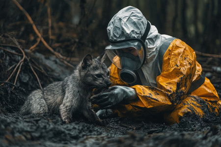 A volunteer in a protective suit in a respirator rescues a dog from fuel oilの素材