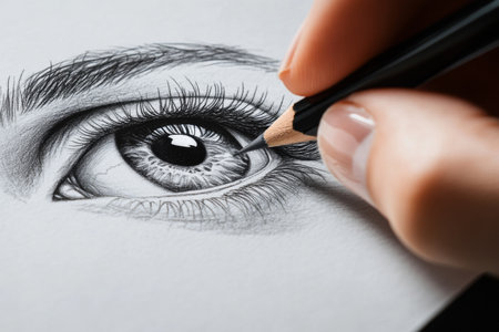 close up of hand drawing human eye with pencilの素材