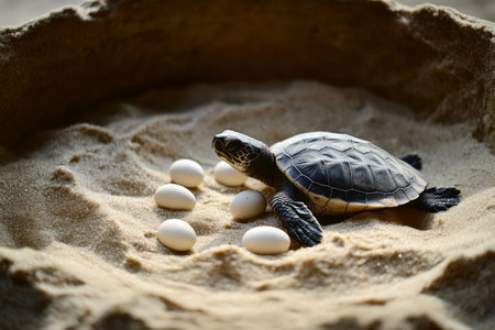 a turtle lays eggs on the shore in sandの素材