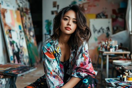 Beautiful woman artist sitting in a modern art studio with acrylic paints and canvases. Creative process and artistic inspiration conceptの素材