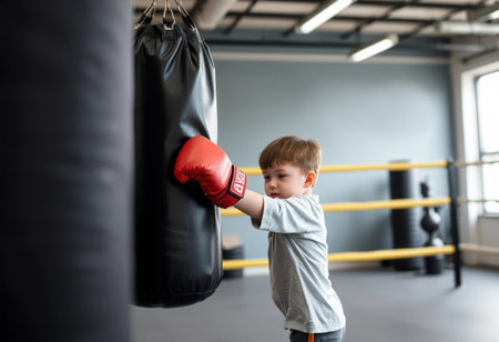 Little boy kicking in red gloves in sport gymの素材