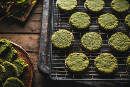 crunchy green matcha cookies on wooden tableの素材