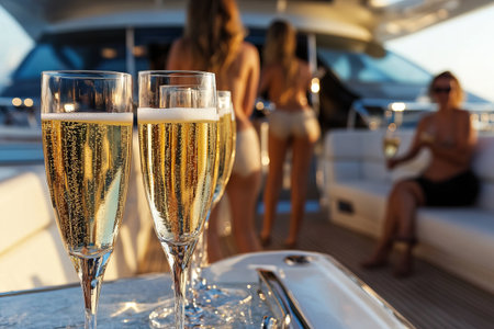 glasses of champagne on a yacht at a summer's day party with people on backgroundの素材