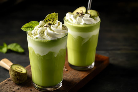 Green matcha latte on dark backgroundの素材