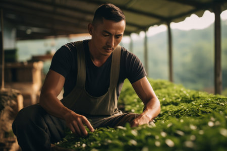 young man working on asian green tea farmの素材