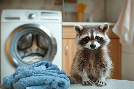 cute raccoon near washing machine with clothes at home with copy spaceの素材