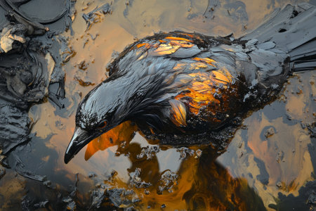 dirty crow with feathers in fuel oil. Climate disaster conceptの素材