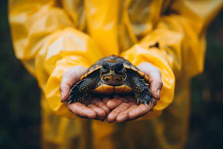 hands of volunteer in a yellow protective suit holding a turtleの素材