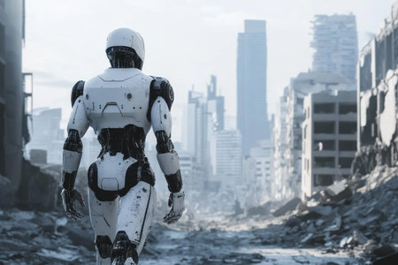 modern robot walking in ruined city after bomb atackの素材