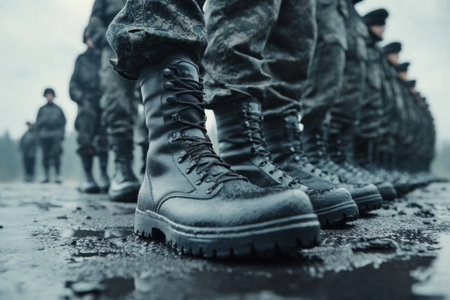 soldiers in military boots standing in a rowの素材