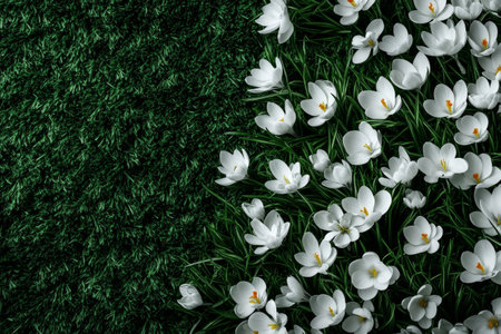 crocus flowers growing on vibrant green lawn background with copy spaceの素材