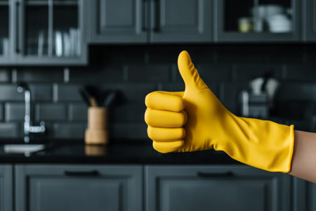 Female hand in yellow rubber glove showing thumbs up in the modern clean kitchen. Cleaning and housekeeping conceptの素材
