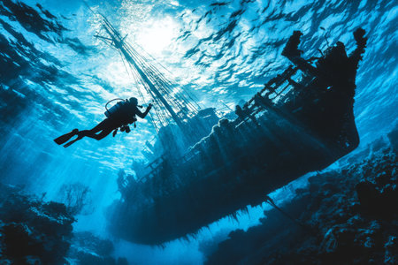 Scuba diver explores shipwreck in blue watersの素材