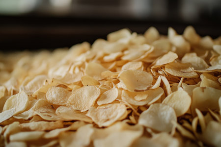 close up of potato chips on modern factoryの素材
