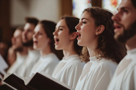 choir group singing with their typical white tunics in church with booksの素材