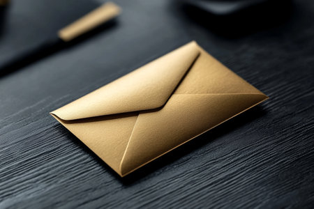 golden envelope on the black table, mail or invitation conceptの素材