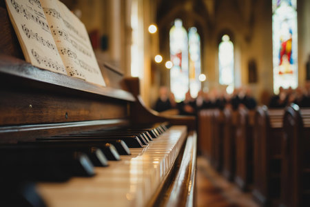 Music notes on piano in church with copy space for textの素材