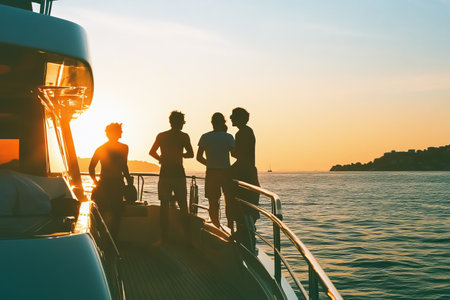 people on yacht on sunset in seaの素材