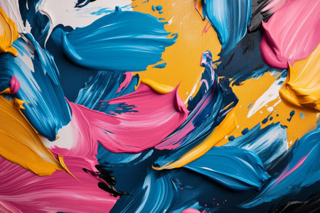 close up of colorful acrylic paint strokes on canvas backgroundの素材