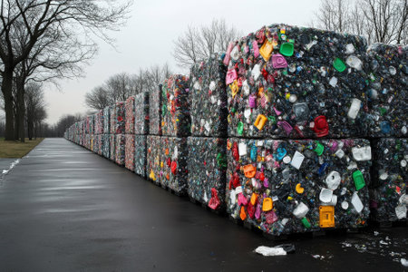 bales of recycled plastic on the streetの素材