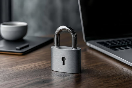 metal lock near laptop on tableの素材