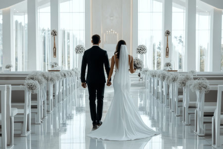 back view of wedding couple walking at wedding ceremony in bright churchの素材