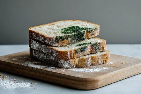 close up of white sliced bread with mold on the wooden cutboardの素材