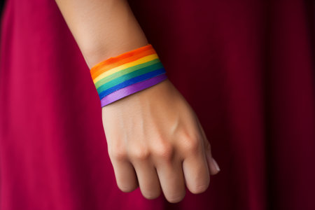 wristband with lgbt rainbow flag on female handの素材