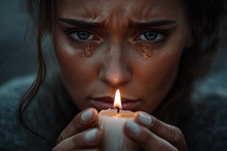 crying woman with candle in hands in darknessの素材