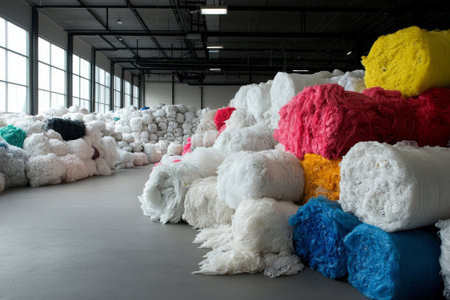 bales of recycled plastic in warehouseの素材