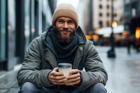 homeless man sitting on a city street with a paper cup for coins. Poverty, social issues, and urban life conceptの素材
