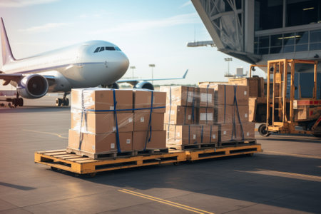 pallets with cardboard boxes at the airport, modern airplane in the background. Shipping, logistics and delivery conceptの素材